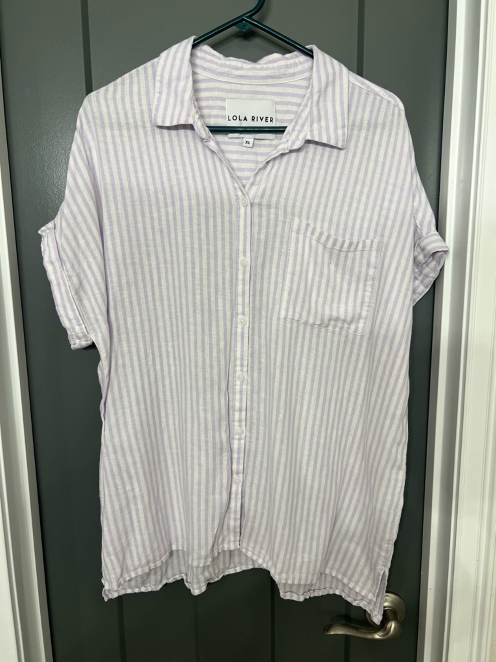 Lola River Women's Lavender Stripe Button-Down Shirt linen-viscous XL